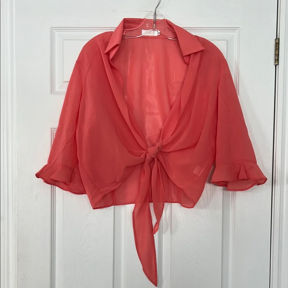 Red Coral Tie-Front Blouse - Picture 1 of 3